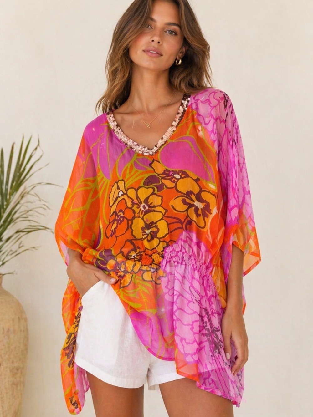 Anukshah Sheer Floral Kaftan Top Sequin Neck Resort Boho Tunic Free Size